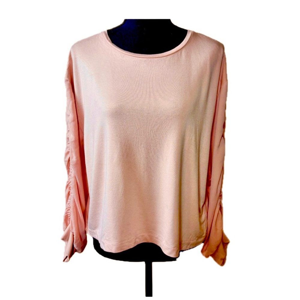 ZARA BASIC | Wispy Pink Knit Scoop Neck Crop Top Long Ruched Chiffon Sleeve Sz L